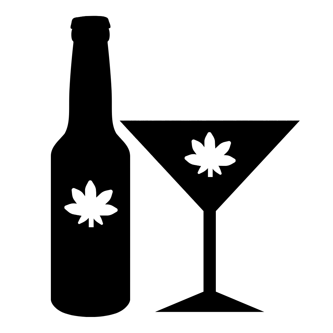 bottle with cannabis leaf on it, next to a glass with a cannabis leaf on it