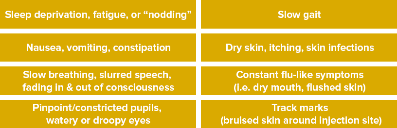 Slow breathing, fading in and out of consciousness, pinpoint pupils, fatigue or "nodding," dry itchy skin, track marks, flu-like symptoms